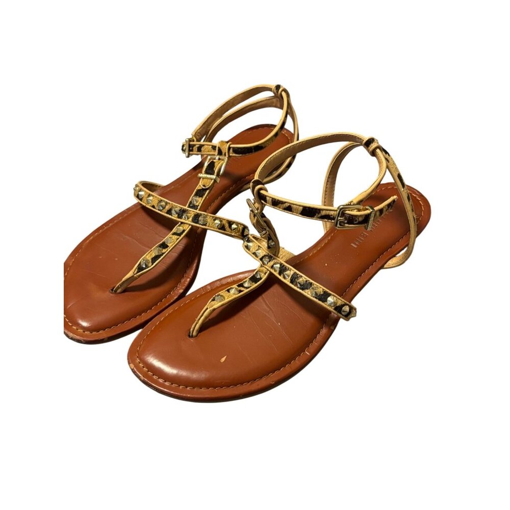 Gianni Bini Leopard Studded Calf Hair Sandals Tan Brown Buckle Ankle Strap